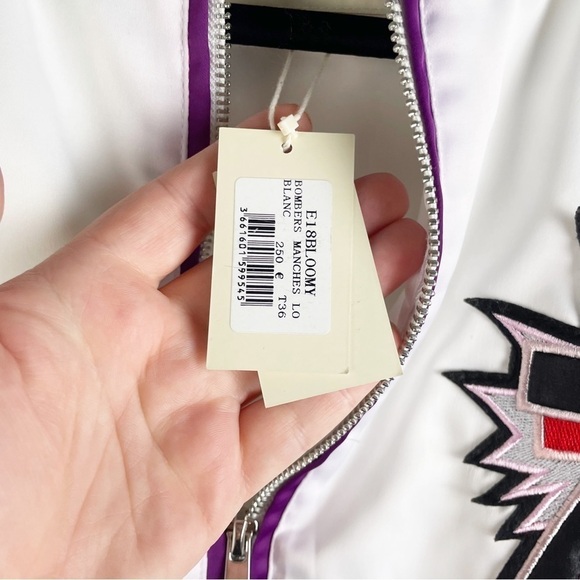 Maje Peacock Embroidered Satin Bomber Jacket White Small Casual Sporty Cropped - Picture 9 of 9